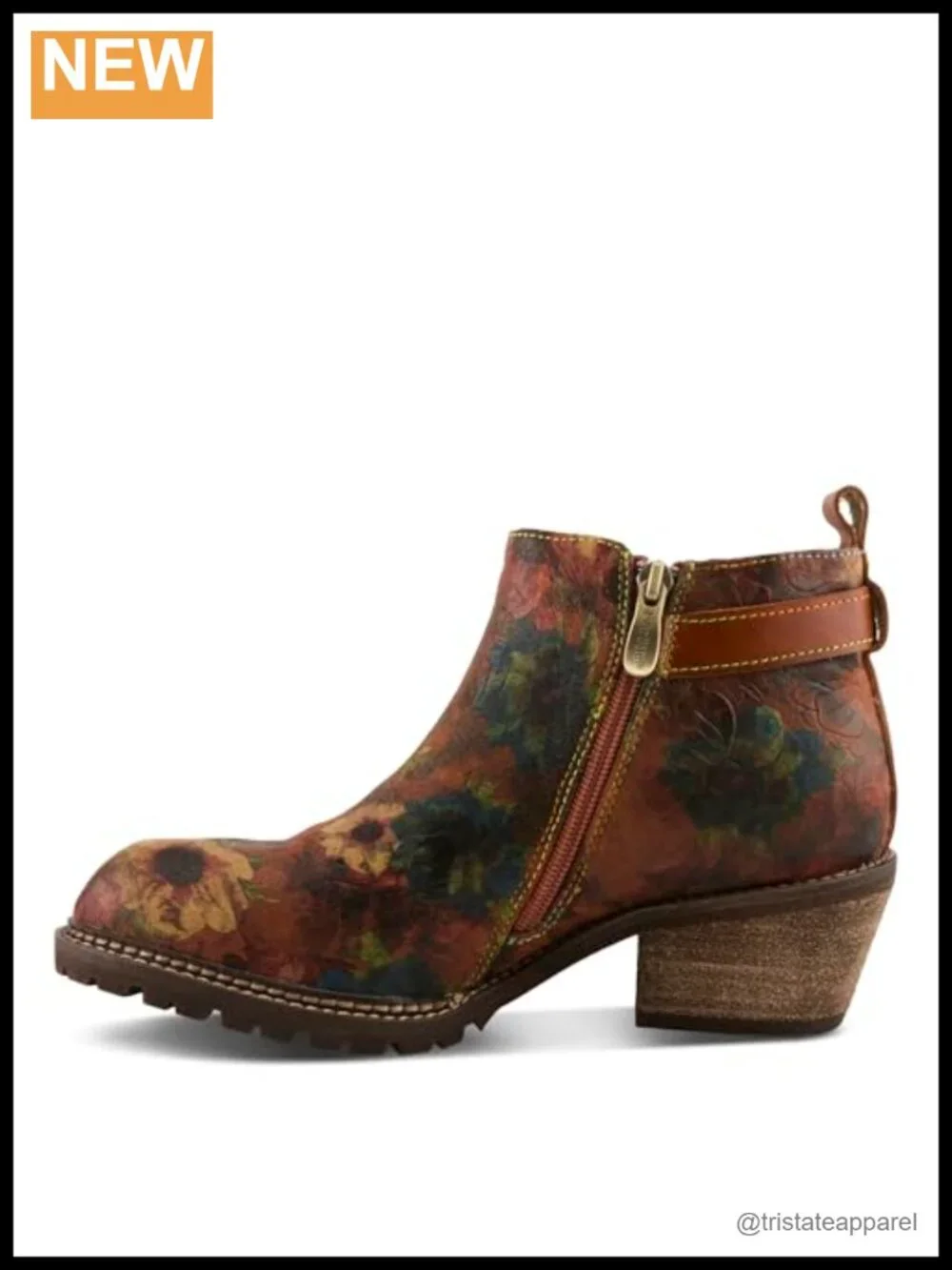 Hand-Painted Leather Women's Ankle Boots with Elastic Goring, Low Stacked Heel